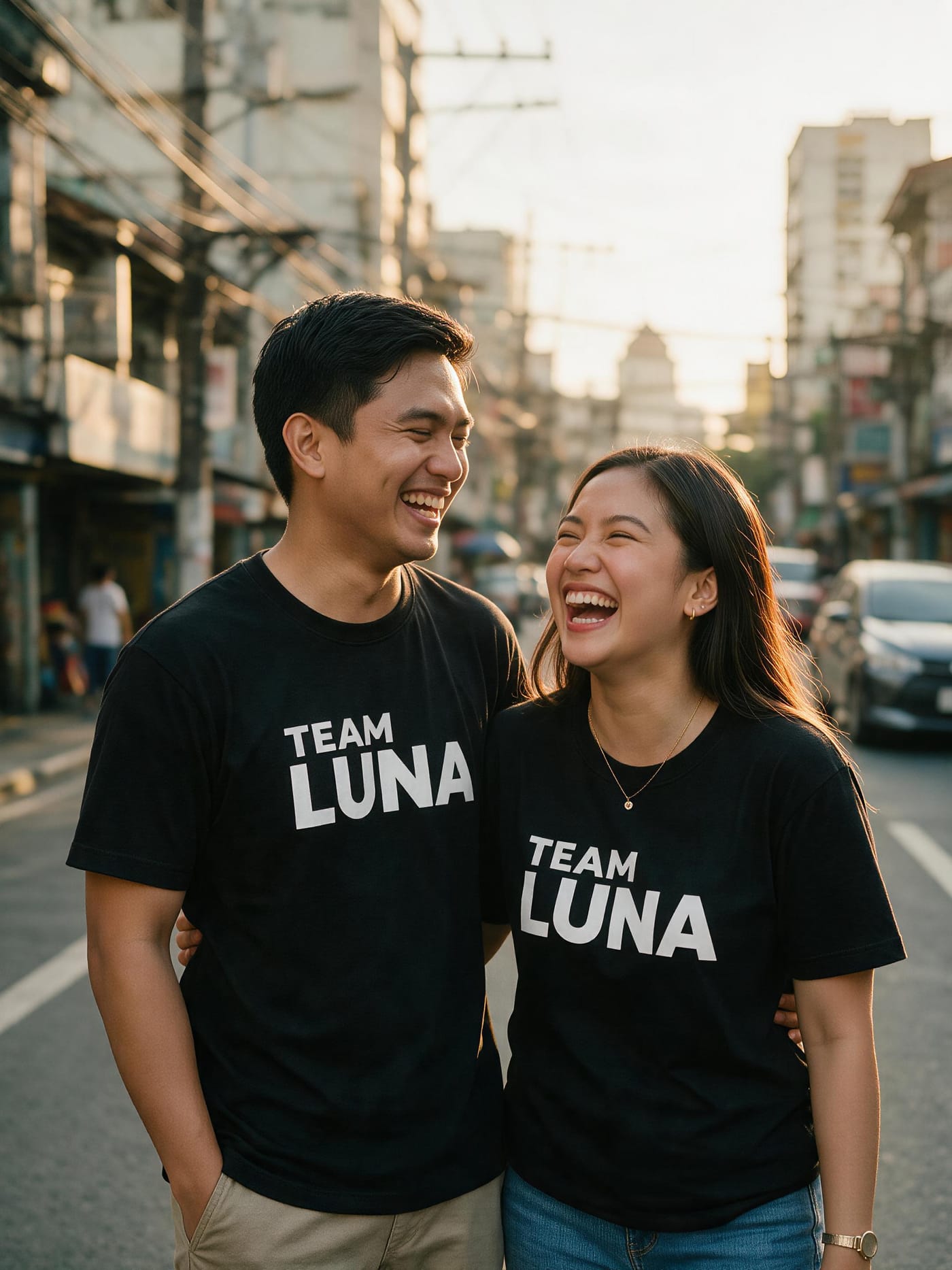Couple in matching custom printed tees laughing outdoors