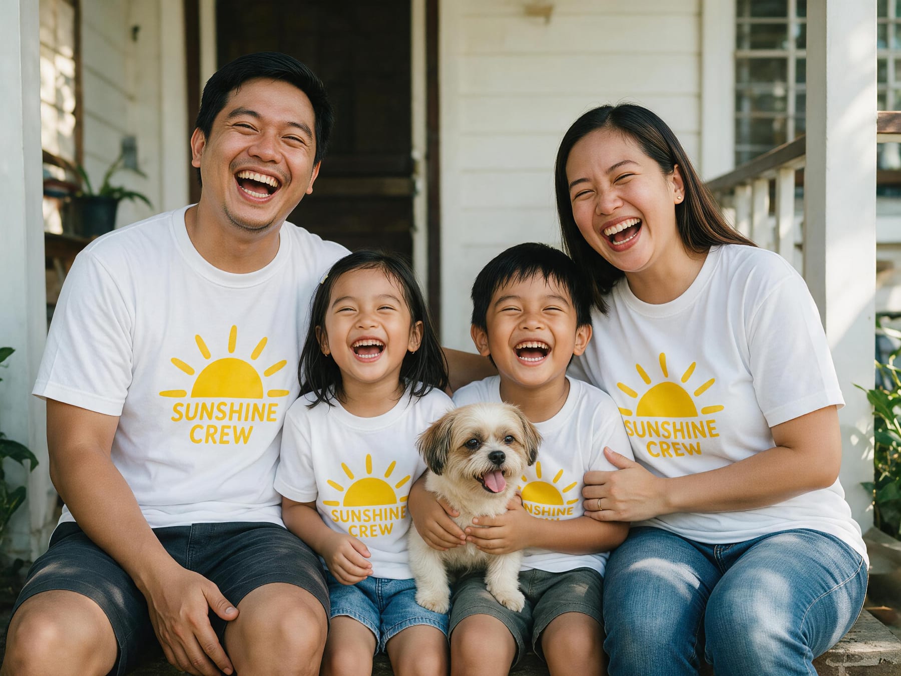 Filipino family and their dog in matching custom printed tees, laughing together