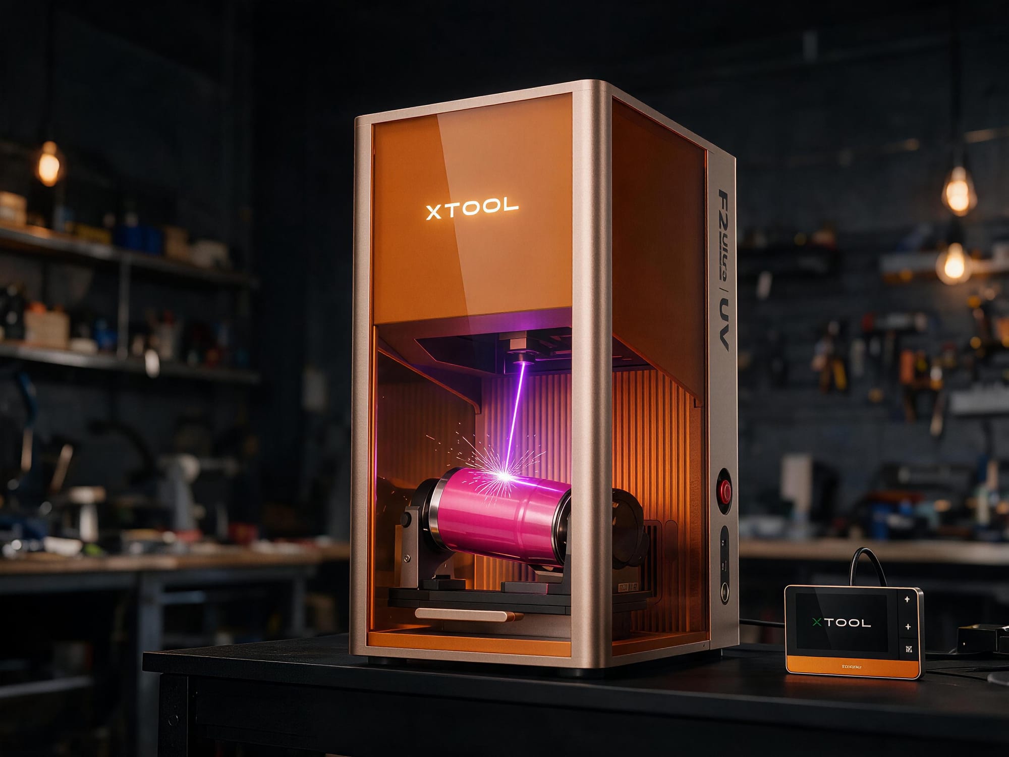 xTool F2 Ultra UV laser engraver marking a pink tumbler on its rotary, violet UV beam glowing behind the amber door