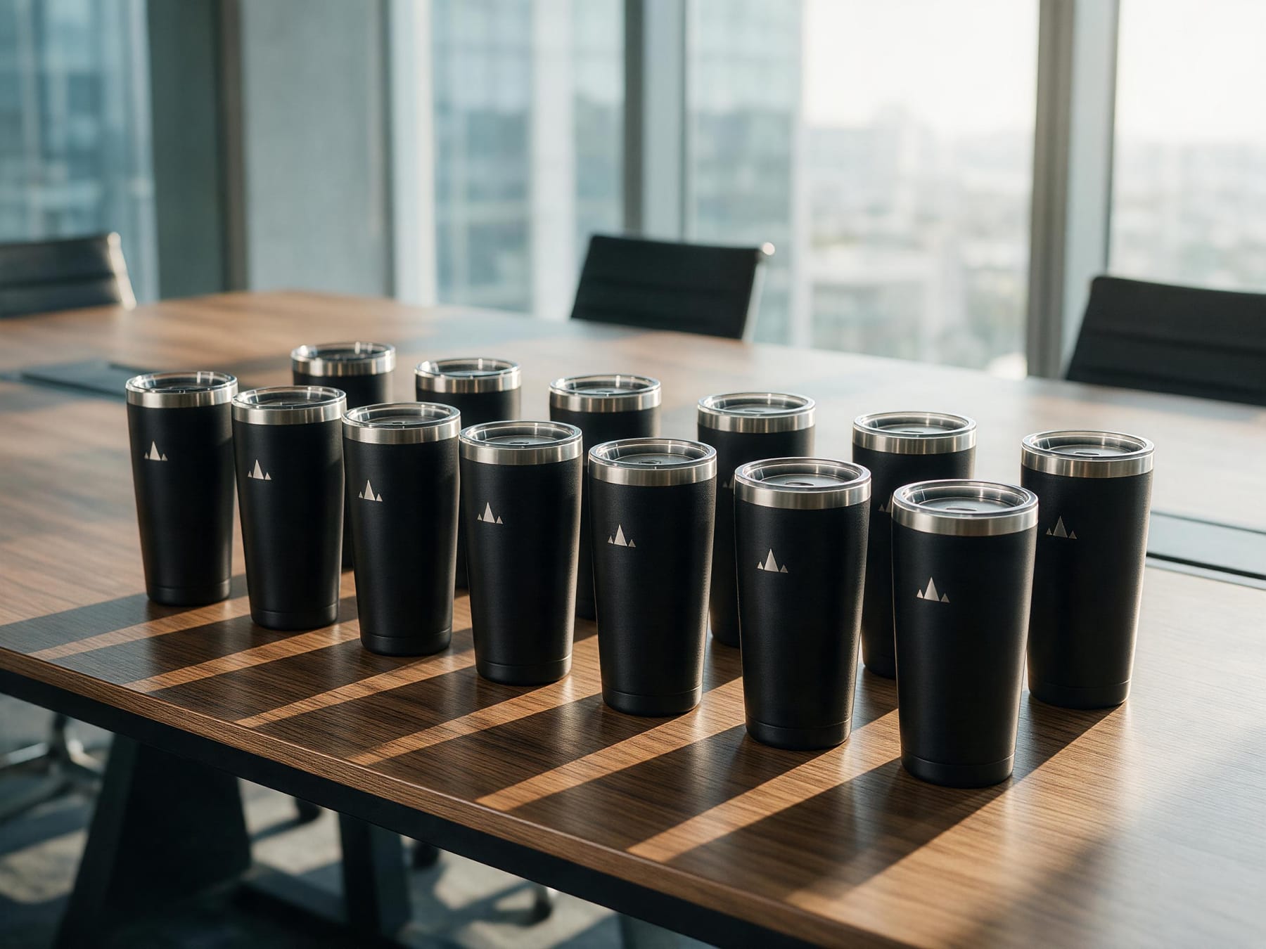 Matte black tumblers engraved with a company logo lined up on a conference table