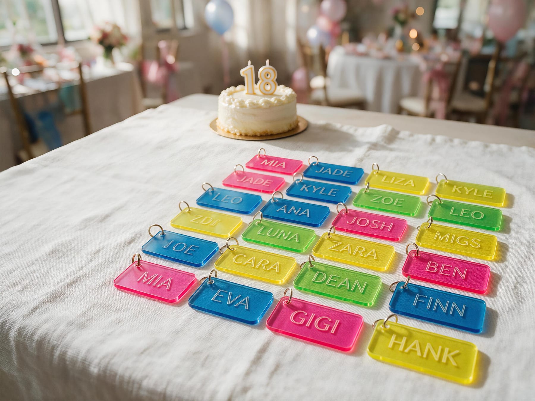 Debut favor table with eighteen engraved keychains, each with a different name