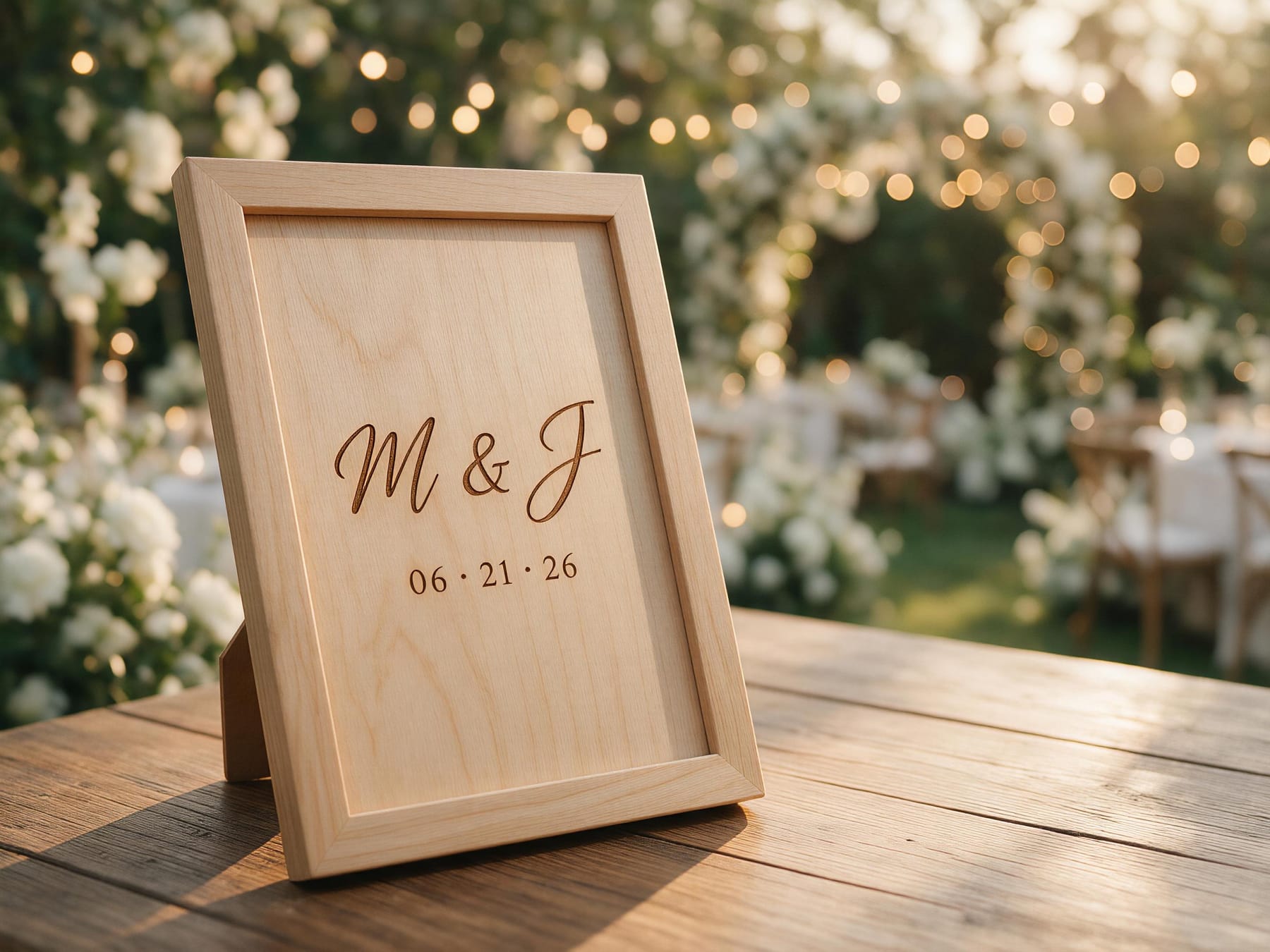 Engraved wooden wedding frame with initials and the date