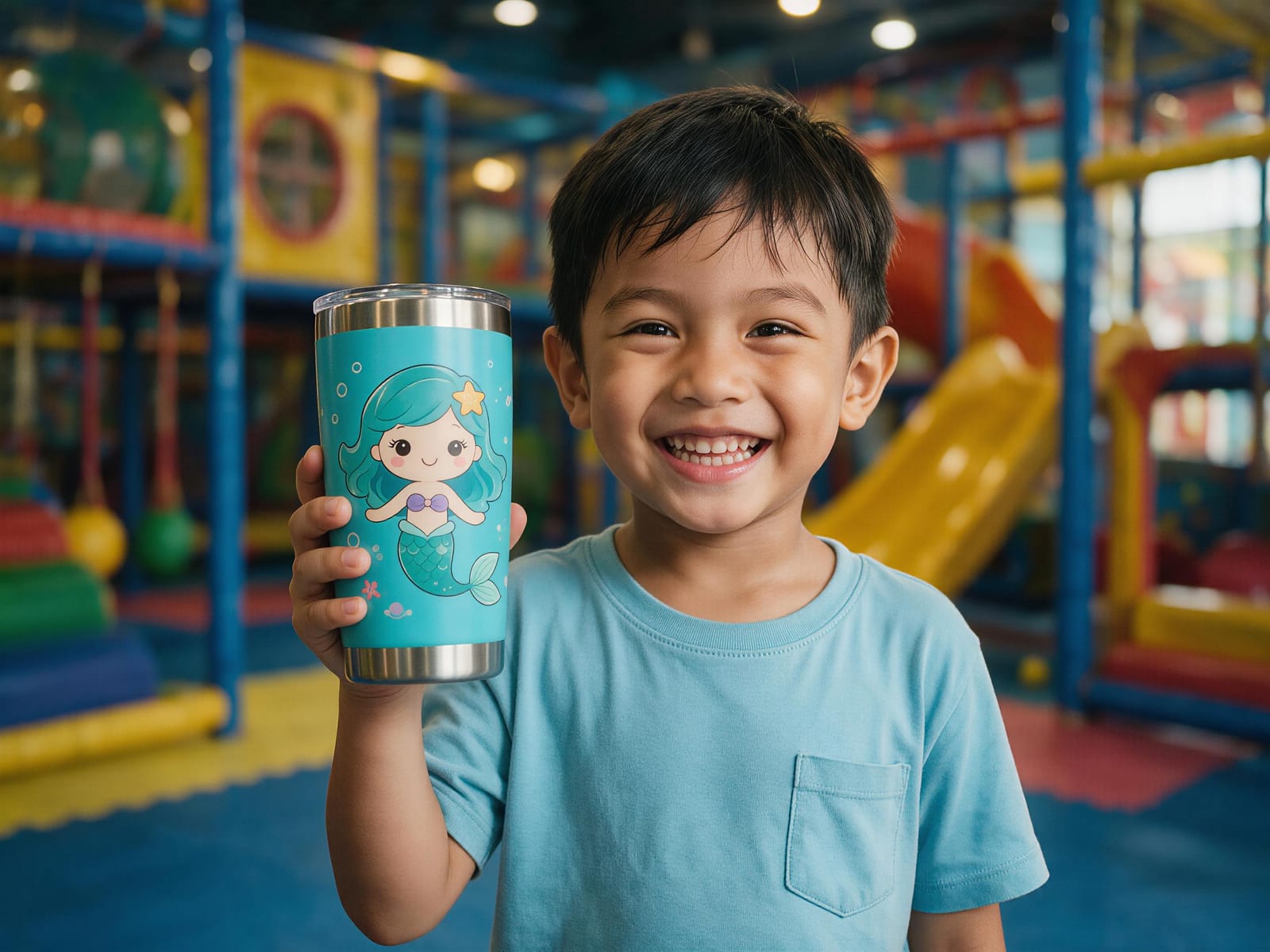 Child holding a cyan tumbler engraved with a cartoon mermaid
